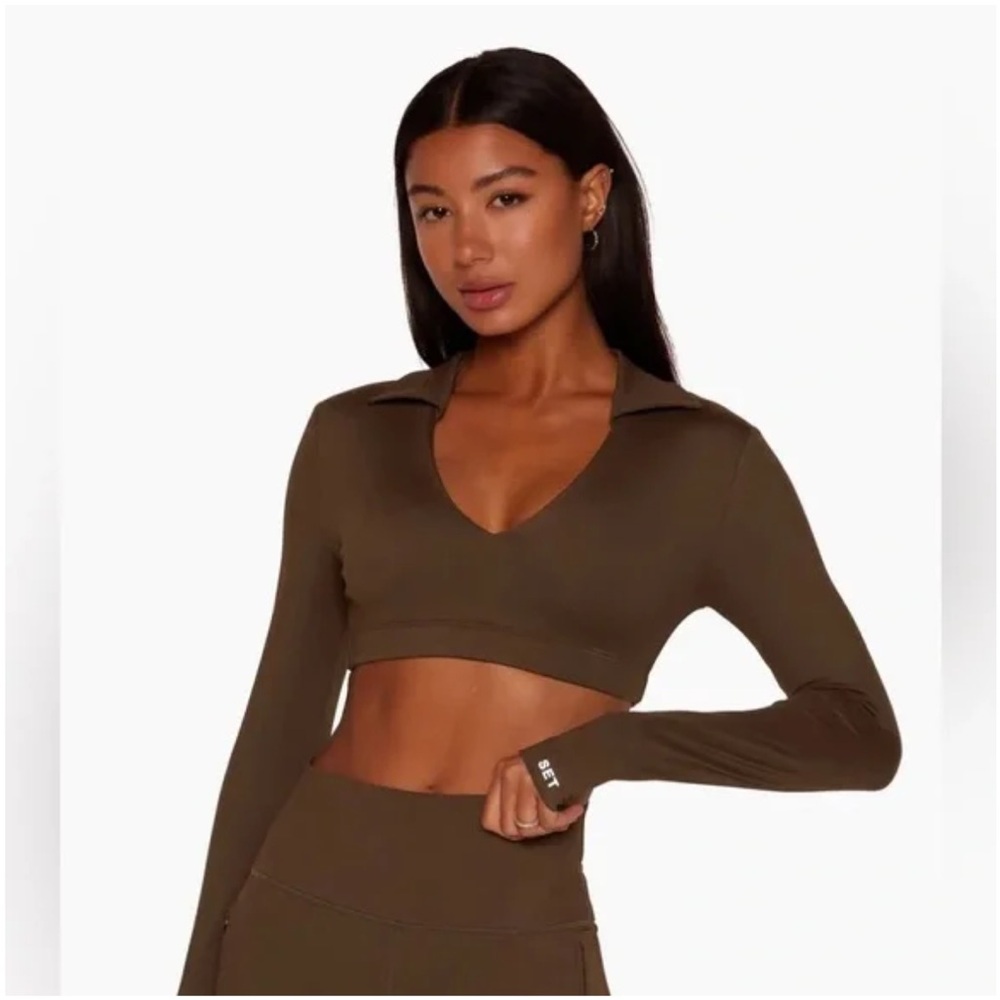 SET ACTIVE set. Brown Long Sleeve Crop Top and Leggings SET